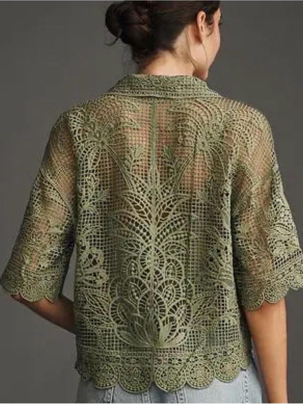 FARM Rio Olive Green Crochet Button-Front Blouse - Picture 2 of 4